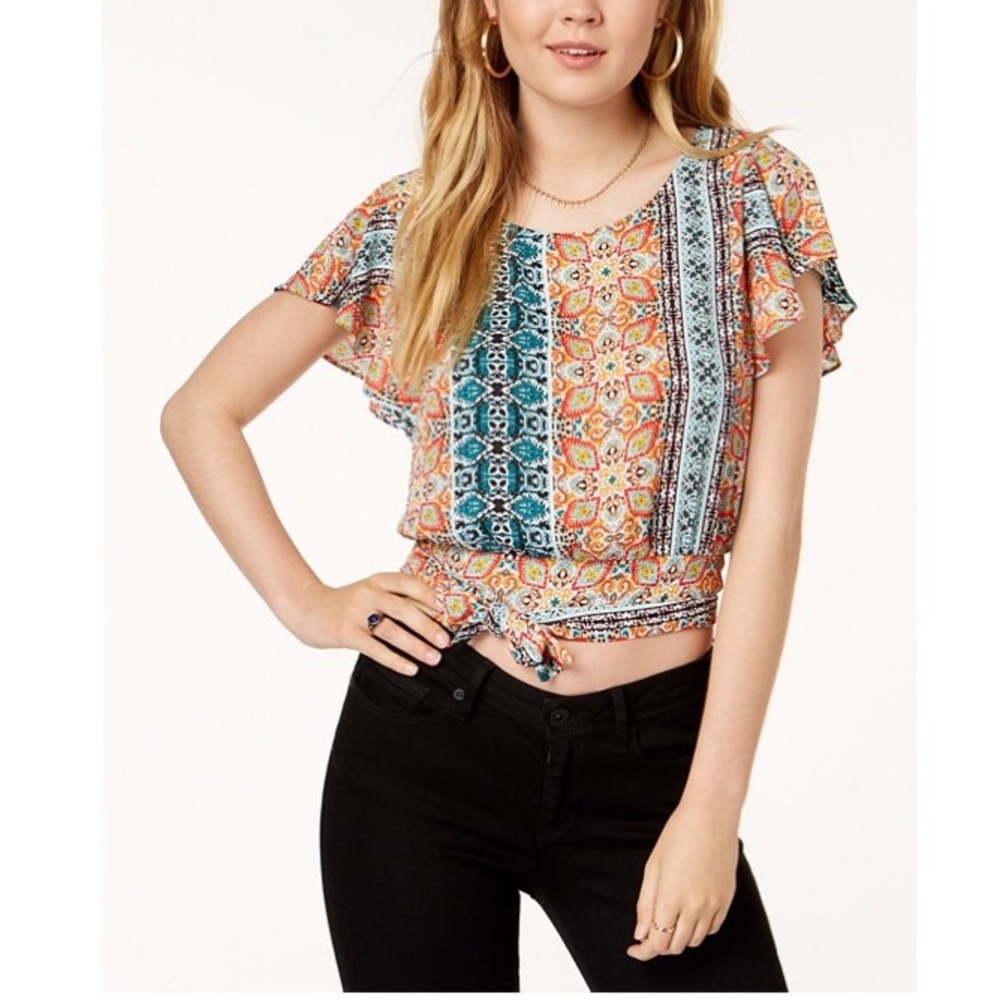 BCX Printed Flutter Sleeve Banded Top S